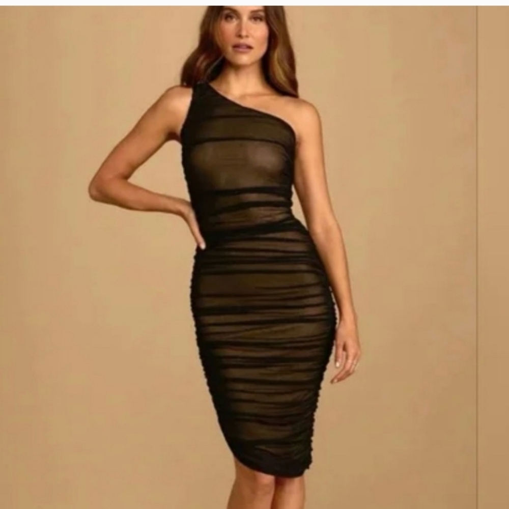 NWT Lulus l A-Listers Black Mesh One Shoulder Ruched Dress Medium